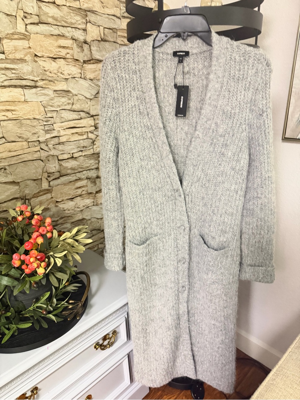 Express Long Light Gray Knit Cardigan Coat